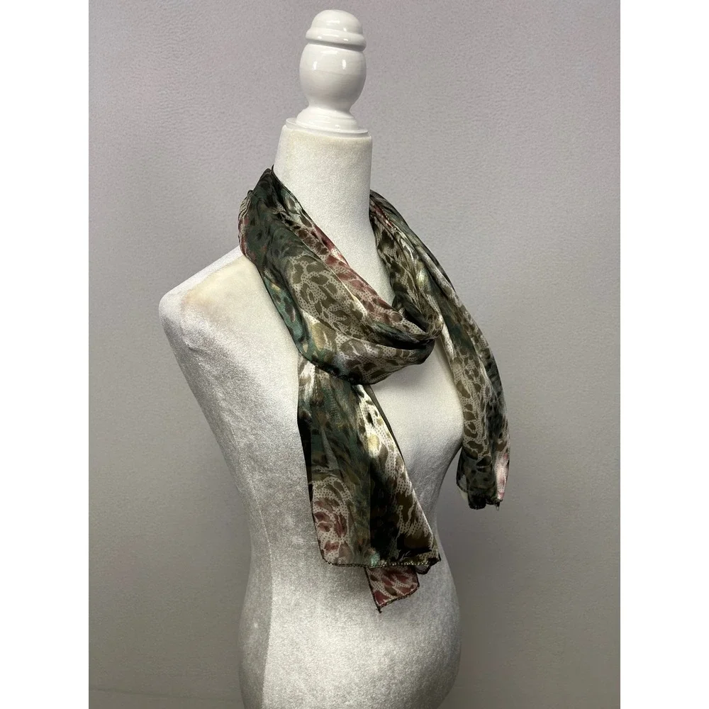Boho Chic Animal Print Womens OS Green Brown Sheer Rectangular Scarf